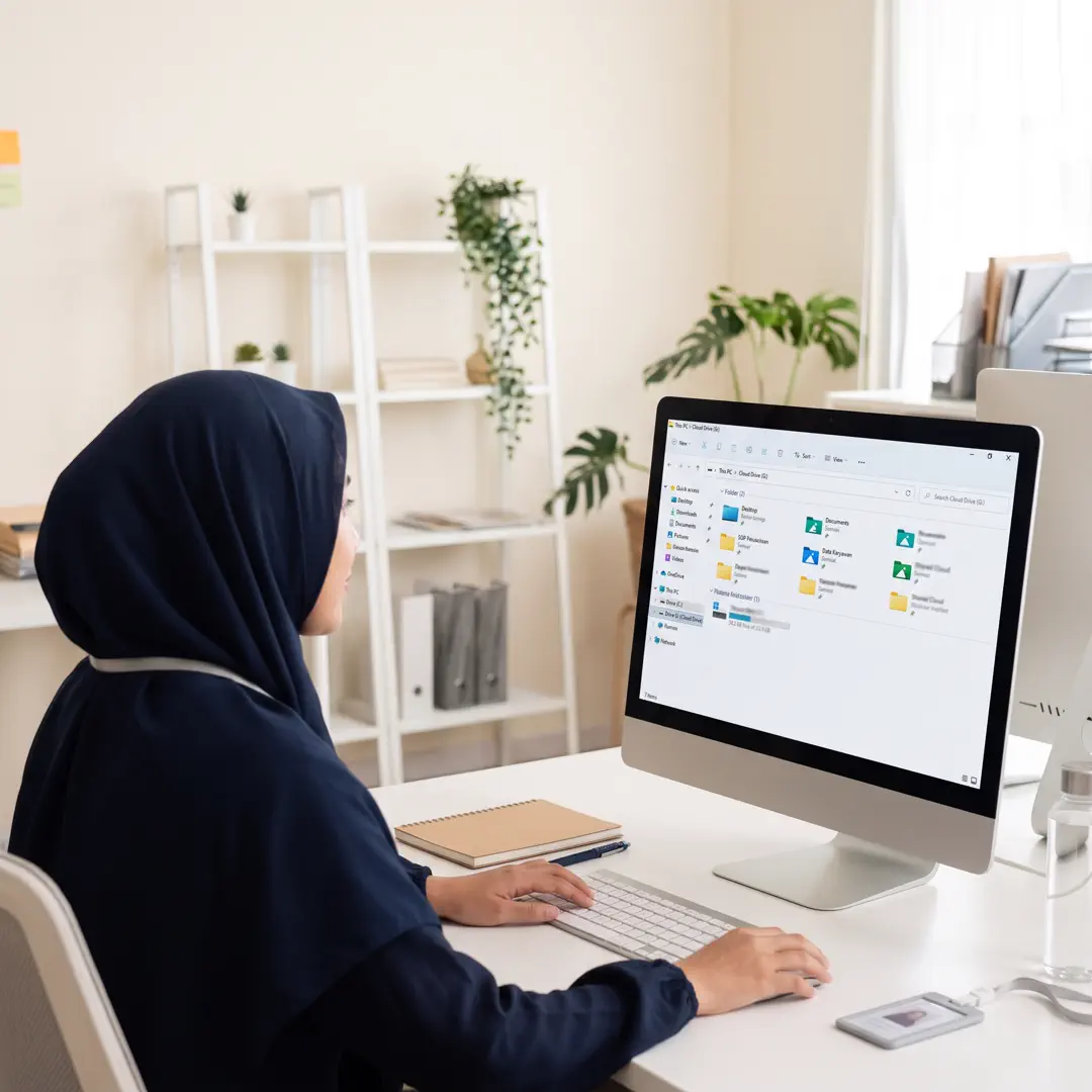 Karyawan mengakses file perusahaan dari laptop dan smartphone