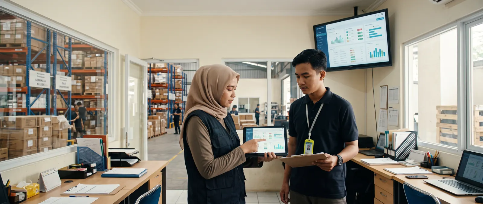 Ruang operasional dan gudang perusahaan dengan sistem ERP berjalan